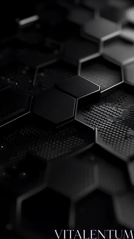 Midnight hexagon skyline in glossy black dimensional relief.