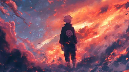 Silhouetted figure observing dense clouds at sunset horizon.