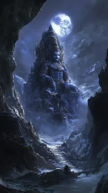 Moonlit mountain deity watching over a frozen sacred path.