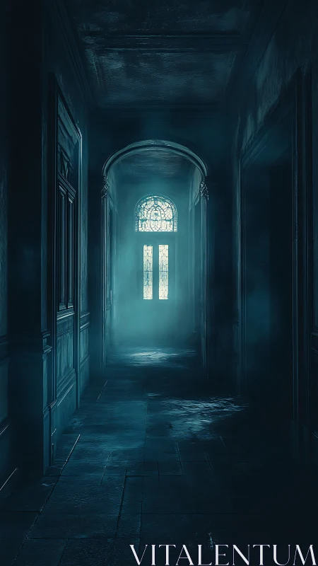 Gothic corridor receding into a fog-lit stained glass window