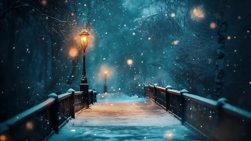 Snowy park bridge glows softly under warm vintage lamplight