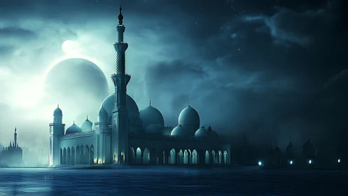 Moonlit domed palace rises softly under a mystical sky
