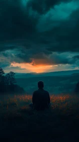 Quiet sunset watcher wrapped in stormy twilight glow.