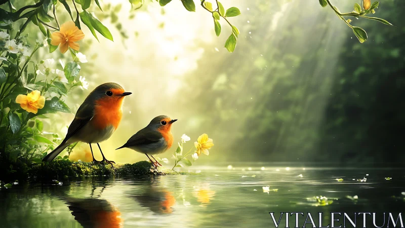 Two Robins by a Sunlit Pond in a Lush, Dreamy Garden Setting.