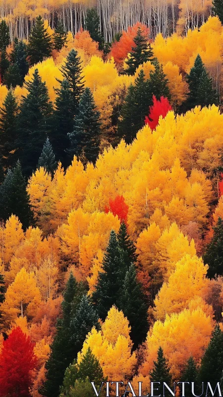 Flaming aspens tumble downhill while dark firs hold steady