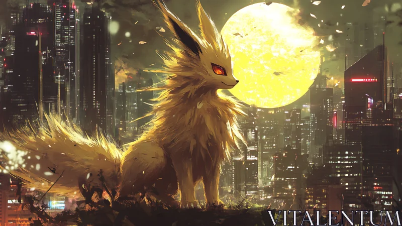 Electric fox silhouette dominates neon megacity under colossal moon
