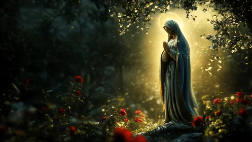 Gentle robed figure glows softly in a quiet forest sanctuary