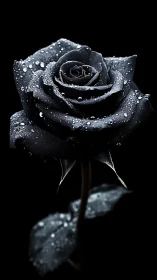 Midnight black rose glistening gently with silver raindrops.