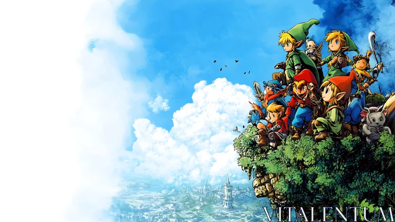 Group of fantasy characters stands on cliff above distant city