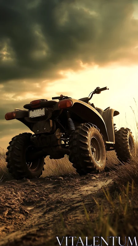 Mud-hungry ATV waits beneath storm-lit adventure sky.