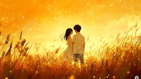 Luminescent Field Romance: Silhouetted Couple in Golden Hour Pastoral Setting.