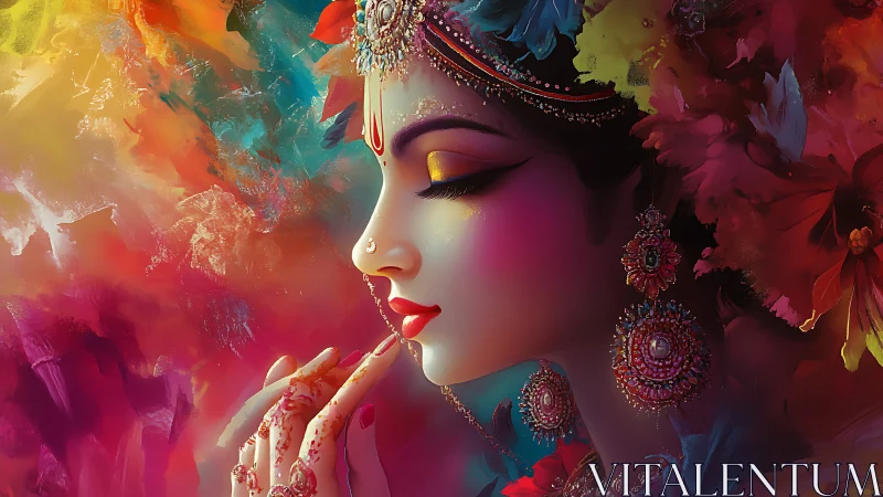 Radiant woman in jeweled adornment amid glowing colors.