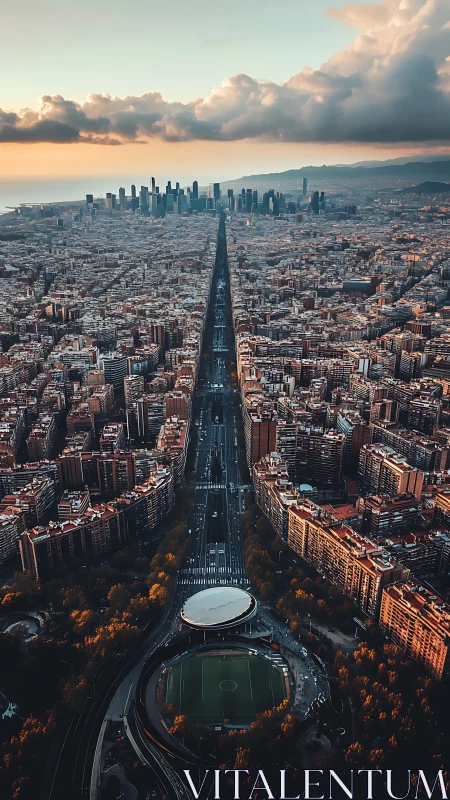 Sunlit avenue divides dense city grid toward skyline