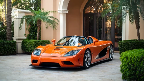 Orange supercar rests in a lush, sunlit luxury driveway