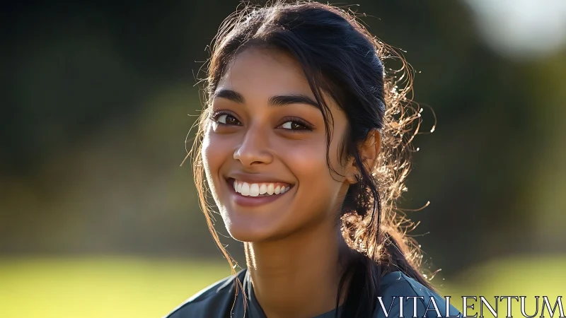 Young woman smiling outdoors in natural light, candid portrait.