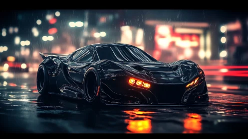 Cyberpunk hypercar on neon-soaked rain street, low-angle study.
