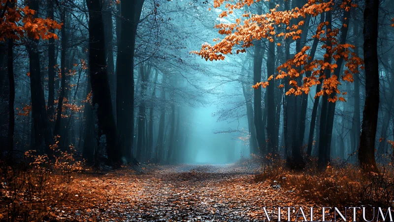 Misty Forest Passage Between Dark Trees and Golden Foliage.