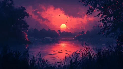 Gentle sunset rests over a tranquil forest lakeside glow