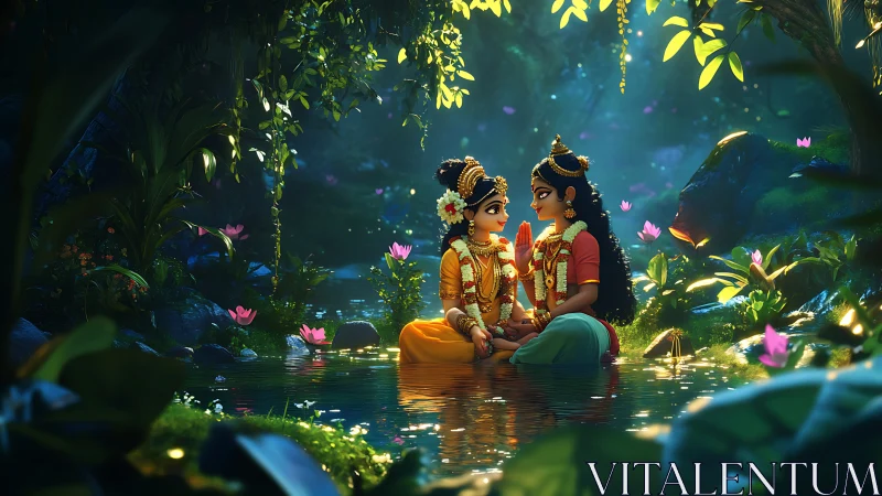 Gentle river conversation under glowing forest canopy.