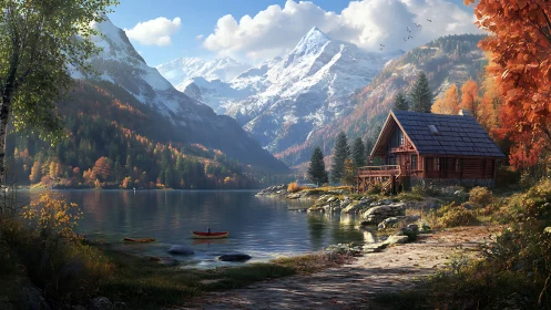 High-fidelity alpine lakeside cabin amid autumnal convergence.