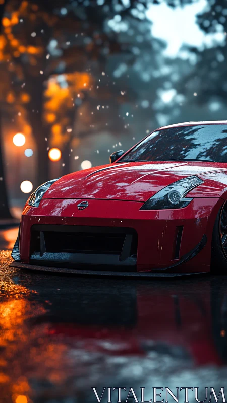 Red sports car gleams on a wet street under city lights