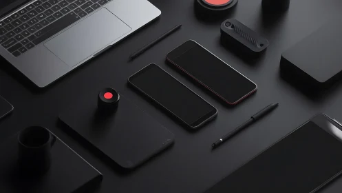 Monochrome workspace grid with precision-aligned smart devices.