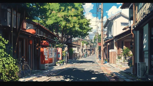 Sunlit Japanese side street with vending machines and bikes.