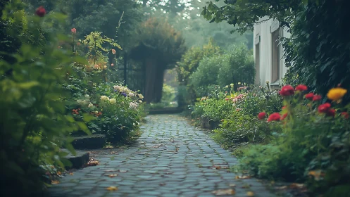 Cobblestone garden path extends between dense flowering borders