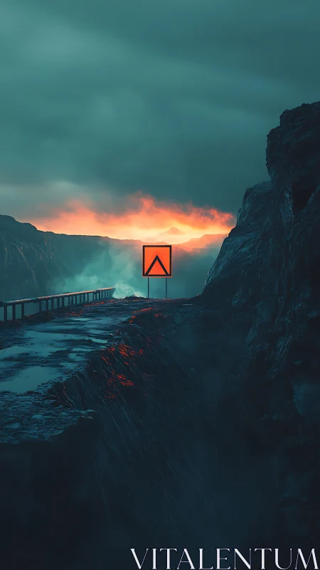 Neon warning sign glows over misty cliffside abyss at dusk