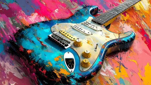 Electric guitar rests over explosive abstract color field.