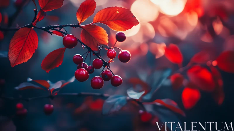 Red berries and leaves in soft glowing evening light.