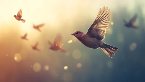 High-detail songbird in mid-flight against bokeh dusk background