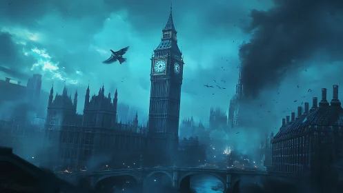Storm-laden gothic clocktower dominates teal mist city