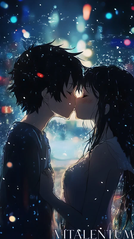 Rain-drenched silhouettes trade a quiet kiss under neon constellations