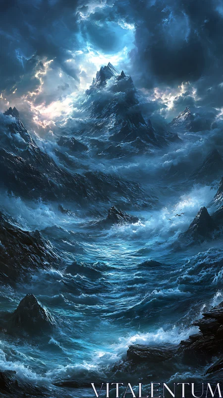 Stormlit ocean peaks rise toward a glowing celestial sky