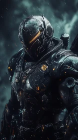 Armored exosuit with rain-soaked plating and amber visor illumination