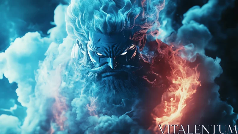 Elemental warrior face framed by blue smoke and fire.