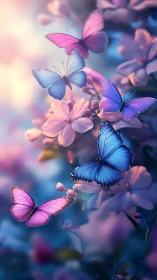 Vibrant blue and pink butterflies over soft spring flowers.