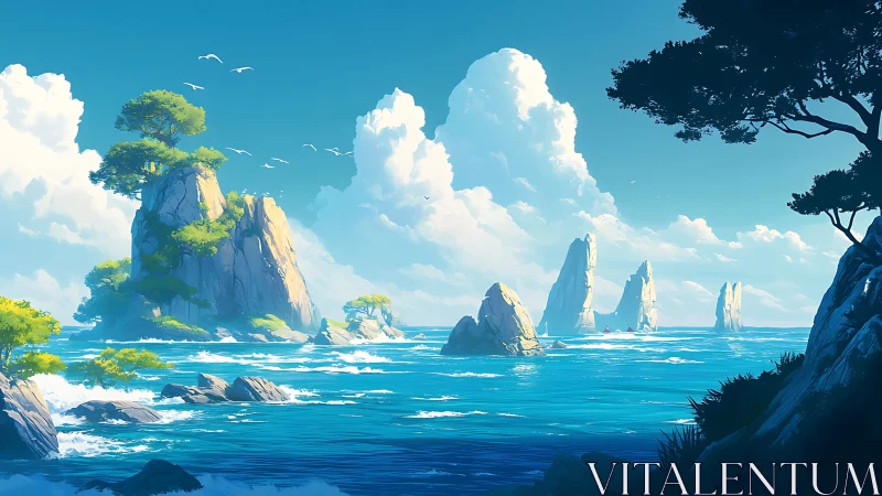 Isolated Rock Formations Rise From Turquoise Waters Under Luminous Clouds