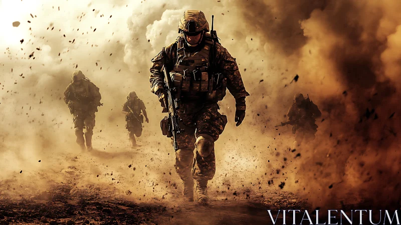 Armored infantry squad advances through dense battlefield dust and debris