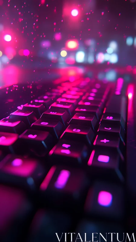 Neon backlit keyboard under cyberpunk pink bokeh glow.