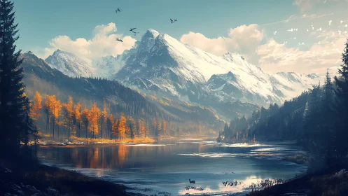 Snowcapped alpine ridge overlooking reflective autumn lake.