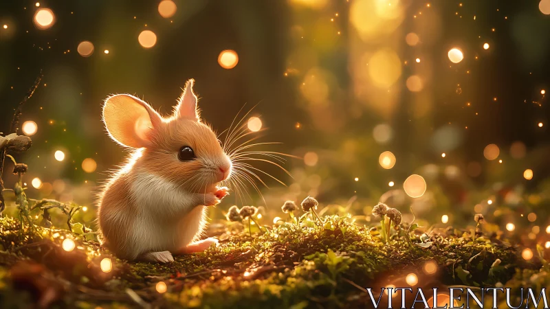 Backlit forest mouse rendered with shallow depth and warm bokeh glow
