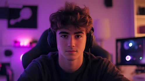 Soft neon glow surrounds a relaxed young gamer at his desk