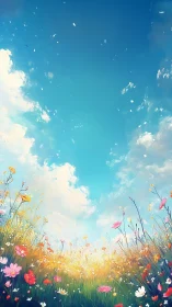 Wildflower meadow under expansive cyan summer sky.