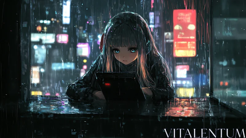 Rainy neon night with a quiet gamer lost in pixels.