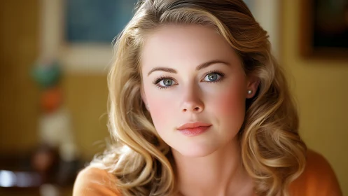 Soft-focus portrait of blonde woman in warm ambient lighting