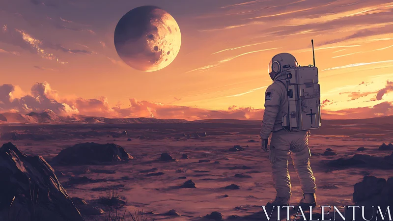 Lone astronaut surveys alien desert beneath colossal moon.