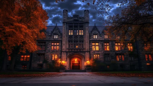 Gothic campus hall glows under a moody autumn evening sky.