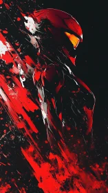 Red exosuit warrior in dynamic diagonal splatter abstraction